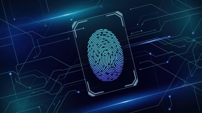 A futuristic fingerprint scan on a digital circuit board, representing biometric security, identity verification, and cybercrime protection
