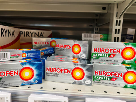 Shelf Display of Nurofen Express Pain Relief Medication in Pharmacy