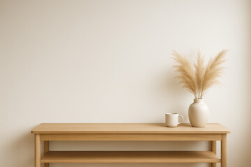 Minimalist wooden shelf with pampas grass in ceramic vase and coffee mug against beige wall in modern interior
