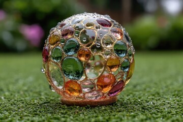 Colorful, mosaic sphere rests on a grassy surface.  Water droplets cling to the multifaceted, vibrant orb