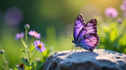 Naklejka premium A radiant purple butterfly rests gently on a sunlit stone, surrounded by a vibrant tapestry of delicate wildflowers in a serene natural setting.
