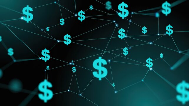 Dollar signs connected by lines, representing the flow of money and finance in the digital age, with a futuristic network design
