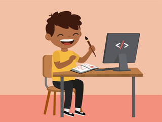Vector illustration of a smiling boy learning coding at a computer desk with notebook and brush. Perfect for technology, education, and kids learning themes.