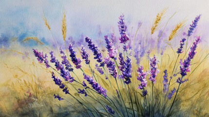 watercolor pictures Natural little a Lavender flower field in a lifestyle style expressing wonder with pastel floral shades and golden lighting harmony