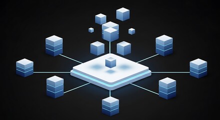 Abstract futuristic digital network with glowing blue cubes and central server structure against a dark background representing technology and data flow