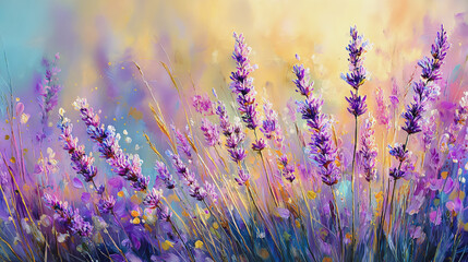  watercolor pictures Natural little a Lavender flower field in a lifestyle style expressing wonder with pastel floral shades and golden lighting harmony