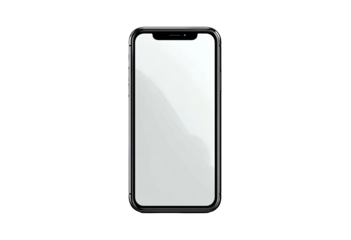 A black smartphone with a blank white screen.  The phone is rectangular with a black frame and a smooth, reflective screen