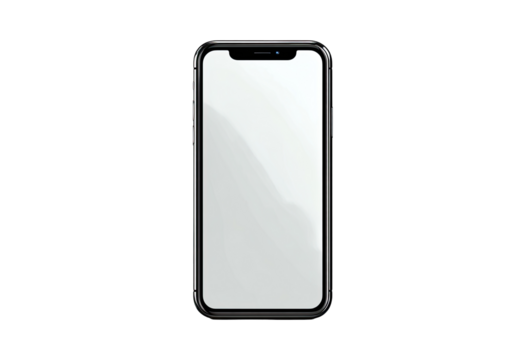 A black smartphone with a blank white screen.  The phone is rectangular with a black frame and a smooth, reflective screen