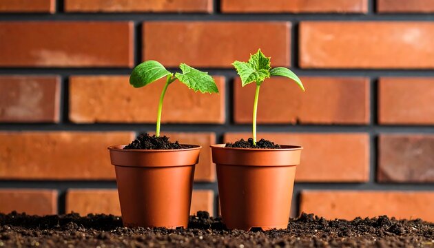 Two small plant seedlings in terracotta pots