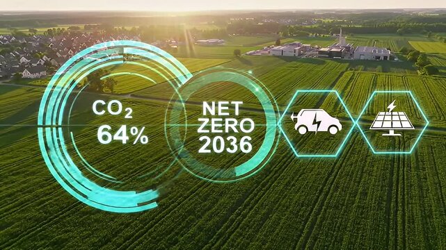 Net zero carbon emissions goal visualized with co2 reduction, electric vehicle, and solar panel icons over a green landscape