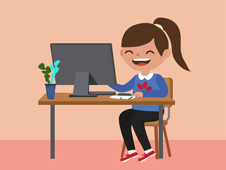 Cute flat design vector illustration of a happy girl sitting at a desk using a computer for online learning. Perfect for education, e-learning, technology, school projects, or digital learning concept