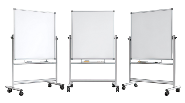 Three freestanding whiteboards on wheels, side-by-side