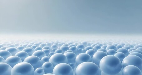 At start camera moving forward descending over glossy blue spheres in field, with reflective ground - Powered by Adobe