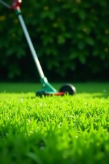 A Close-Up View of Lush Green Grass Being Trimmed by a Small, Handheld Lawn Mower on a Sunny Day