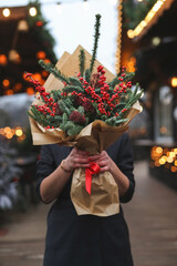beautiful woman in Christmas style. Girl walk at the street in new year mood