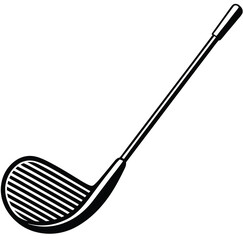 Vector illustration of a black metal golf club and a white ball, a sharp tool for sport