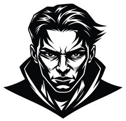 Evil zombie gothic man portrait in a black sketch drawing with a scary mask and a hat