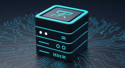 Futuristic glowing server rack with circuit board background representing advanced technology and data storage in a digital world