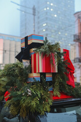 Beautiful New Year decorations, in the house, in the studio, Cake with the inscription Merry Christmas