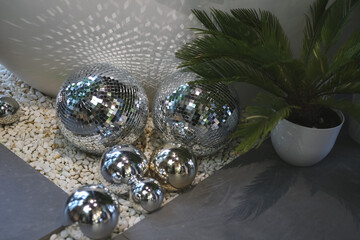 Beautiful New Year decorations, in the house, in the studio, Cake with the inscription Merry Christmas