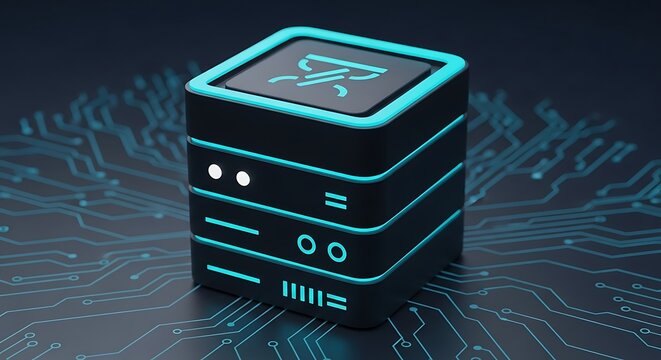Futuristic glowing server rack with circuit board background representing advanced technology and data storage in a digital world