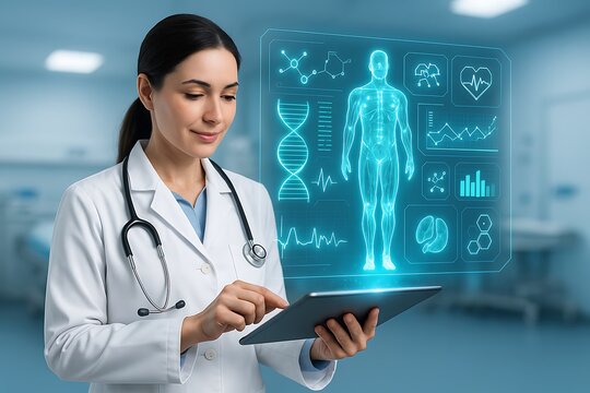 Female doctor analyzing digital hologram of human body medical healthcare futuristic innovation technology hospital research patient monitoring diagnosis treatment data visualization 