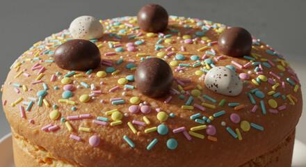 Easter cake with colorful icing and chocolate eggs in bright colors with copy space