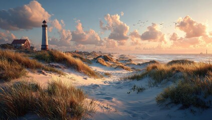 Coastal dunes at sunset, lighthouse in the distance