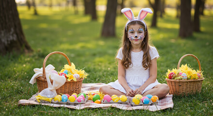 Girl joyfully dressed as a bunny at an Easter picnic with baskets of colorful eggs
