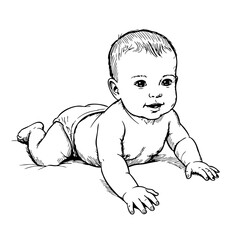Fototapeta premium Baby crawling in a vintage sketch style with a playful expression 