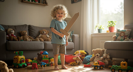 Child joyfully playing with a toy sword in a toy-filled room
