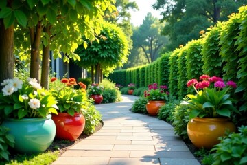 Naklejka premium A picturesque garden path meanders through vibrant, flourishing flowerbeds, showcasing a variety of colorful potted plants and lush green hedges in a sunlit landscape.