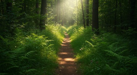 Obraz premium Sunlit Path Through Lush Green Forest