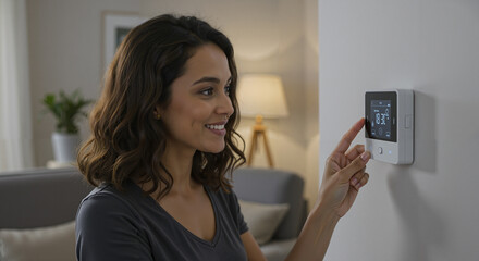 Woman contentedly adjusting a thermostat at home