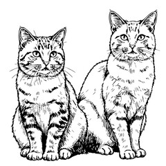 Two cats sitting side by side in a detailed vintage sketch style  