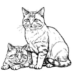 Two playful cats in vintage sketch style illustration  