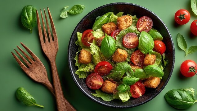 Fresh salad in a dark bowl, topped with croutons, cherry tomatoes, and basil leaves, alongside wooden forks on a green surface - Powered by Adobe