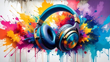 Obraz premium Vibrant Audio: Blue Headphones in a Colorful Explosion