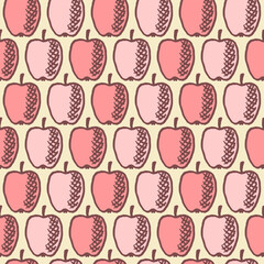 Vector seamless pattern with freehand drawn cartoon red apples on beige background