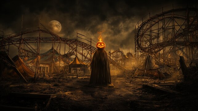 Dark and moody Halloween scene with a flaming jack-o'-lantern head figure standing in an abandoned amusement park under the full moon. Horror fantasy concept.