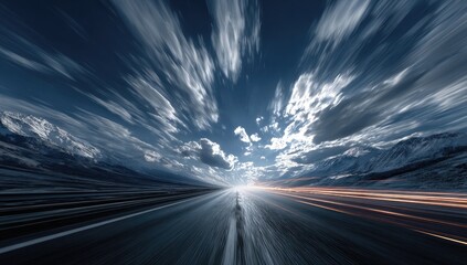 Obraz premium Highway stretching into a vibrant, motion-blurred sky. Vast, dramatic clouds streak outward from a central point, suggesting speed and perspective. 
