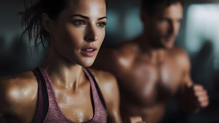 A determined woman and man sweat during an intense cardio workout at the gym showcasing focus and physical effort side by side