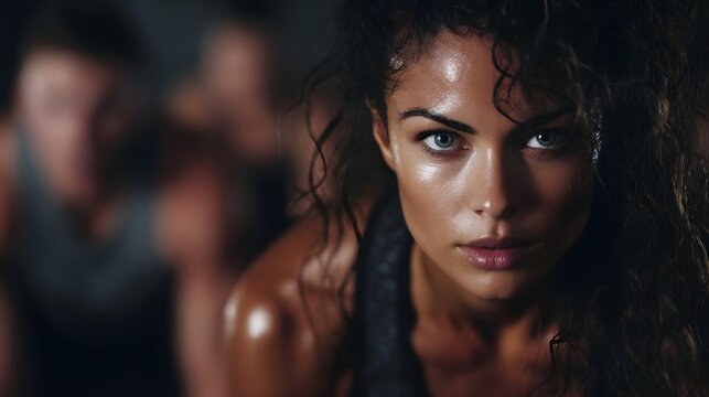 Intense and determined woman sweating during a challenging fitness workout showcasing strength and focus in a gym with blurred figures in the