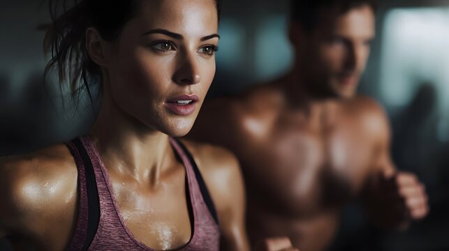 A determined woman and man sweat during an intense cardio workout at the gym showcasing focus and physical effort side by side