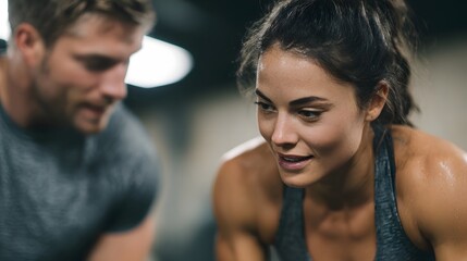 Fototapeta premium A focused woman in athletic wear perspiring after an intense workout receives guidance from a male trainer in a modern gym setting