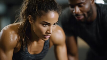 Focused female athlete performs an intense workout with the guidance of her male personal trainer in a modern gym setting highlighting dedication and