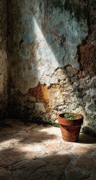 Sunbeam on a terracotta pot in a weathered stone room