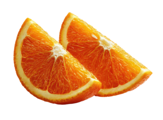 Close-up of two orange slices, vibrant orange color, triangular segments, juicy texture visible