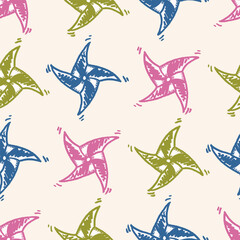 Vector seamless pattern with freehand drawn cartoon windmills on beige background