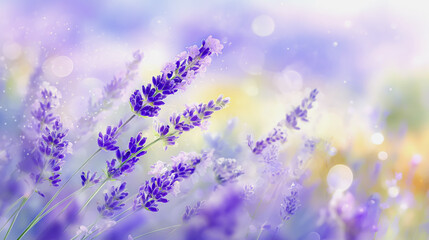 Naklejka premium watercolor pictures Natural little a Lavender flower field in a lifestyle style expressing wonder with pastel floral shades and golden lighting harmony